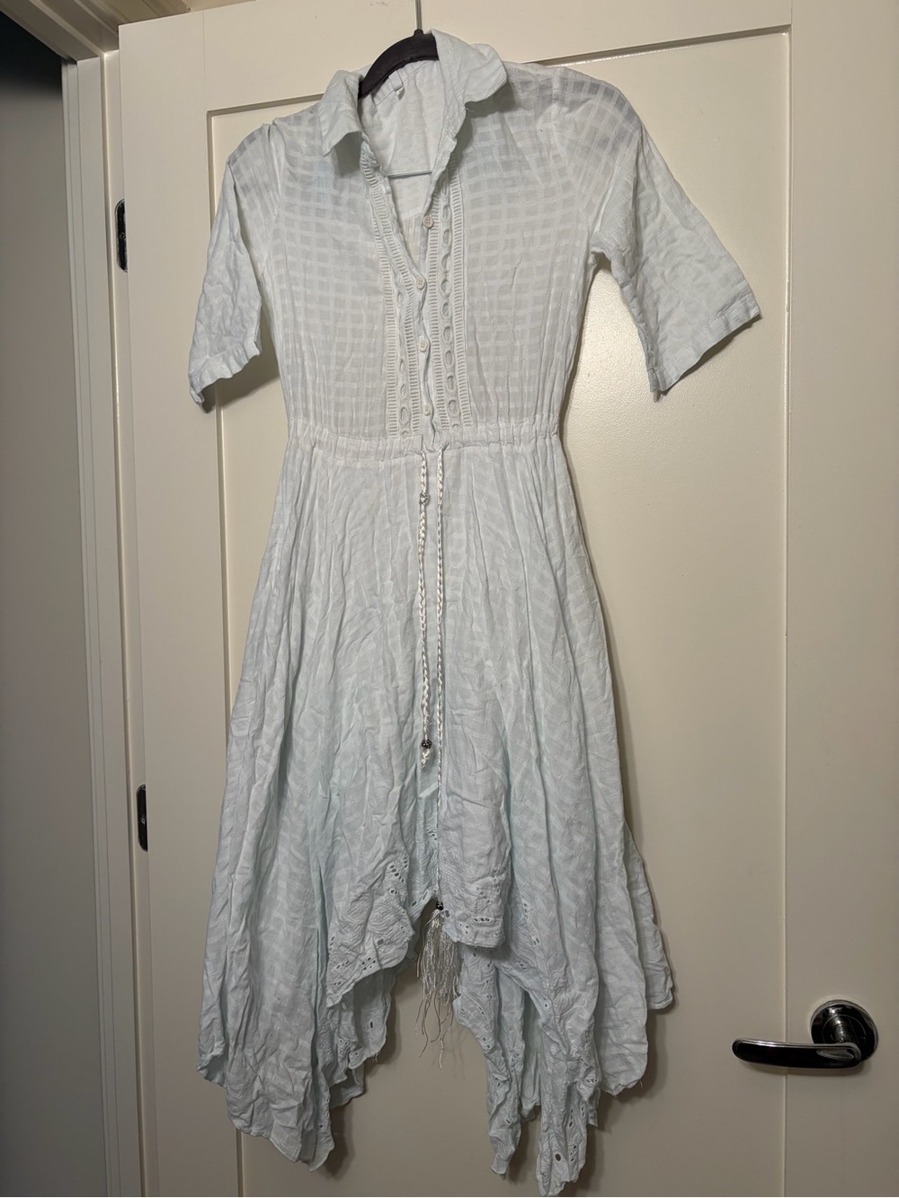 White Cotton Button-Front Midi Dress with Handkerchief Hem